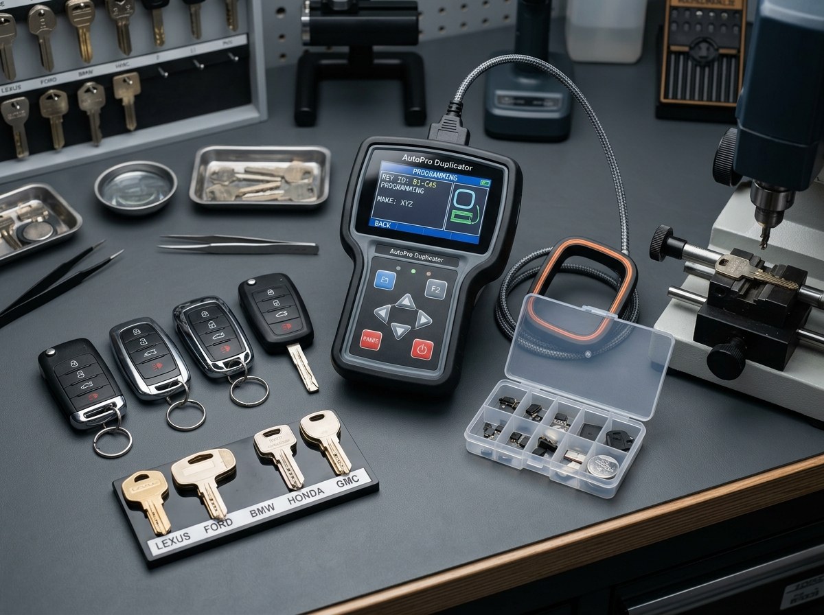 Mobile automotive locksmith workstation with car key fobs and OBD diagnostic programming equipment