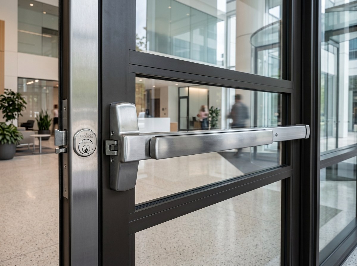 Commercial storefront entrance door with panic exit push bar and keypad access hardware