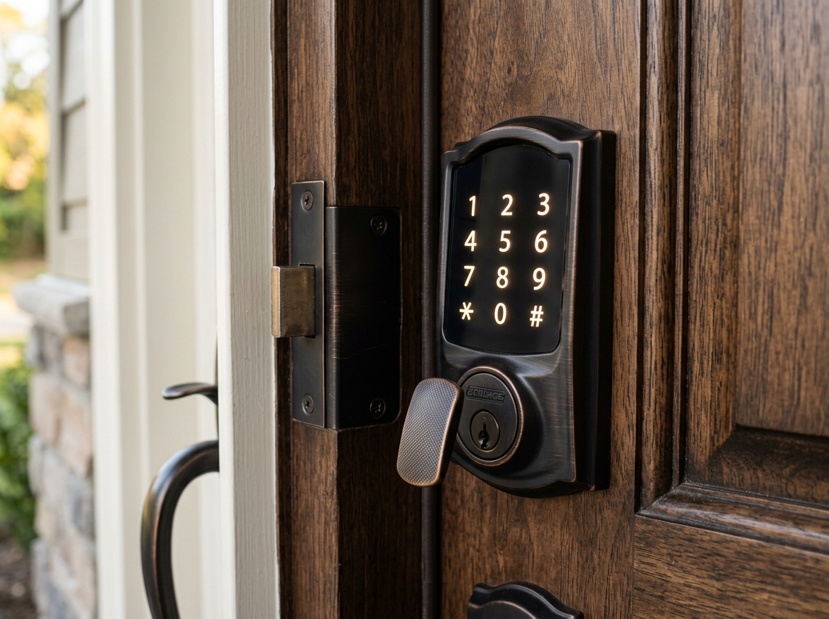 Modern electronic touchscreen door lock hardware installed on entryway door