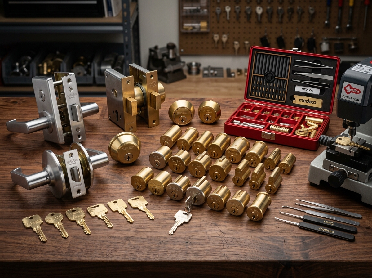 Locksmith security hardware components and solid brass mortise cylinders