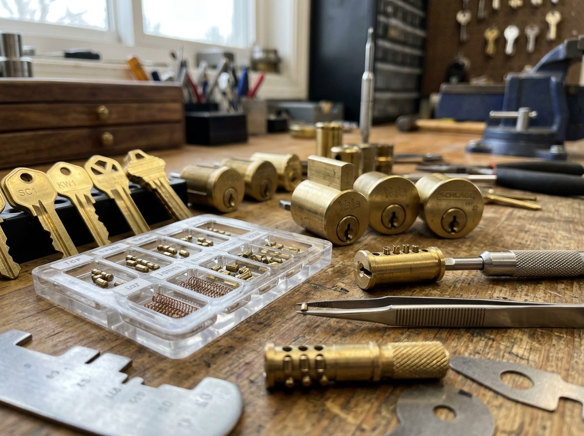 Residential brass deadbolt cylinders, rekeying pin kit, and precision cut keys in Winter Garden FL